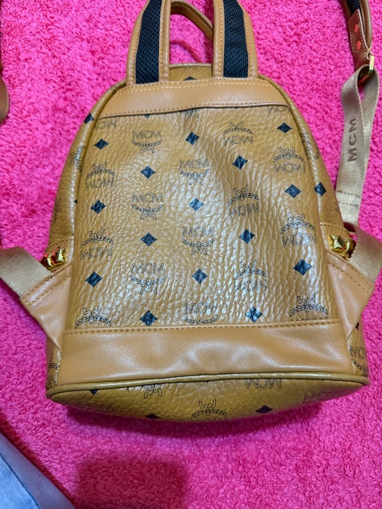 MCM Cognac Visetos Logo Mini Backpack with Gold Studs display picture 3